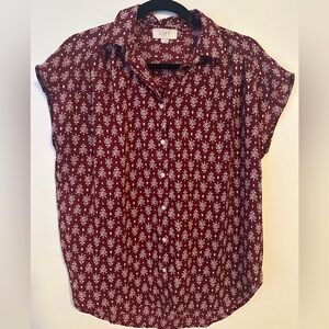 LOFT Burgundy Button Down Shirt with Notched Collar and Cap Sleeves
